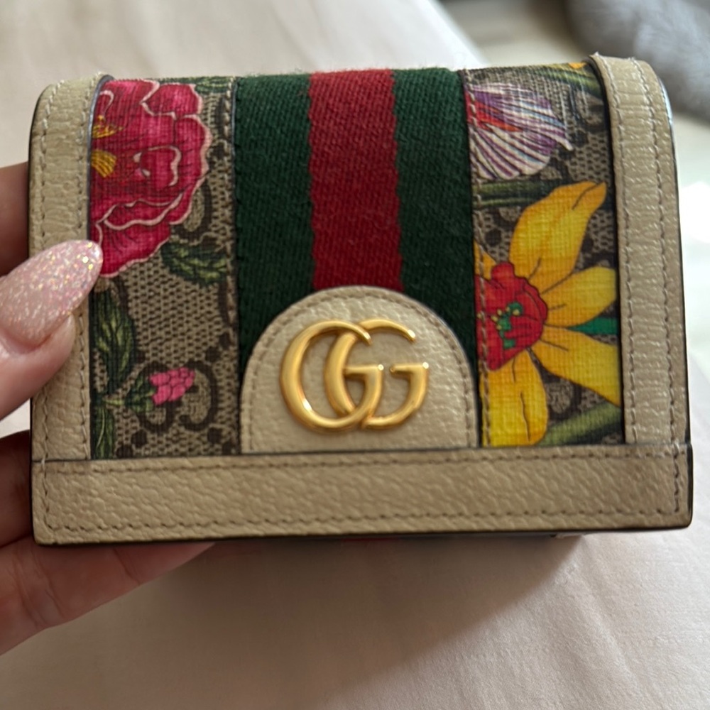 Gucci Beige Floral Wallet with Red and Green Stripes